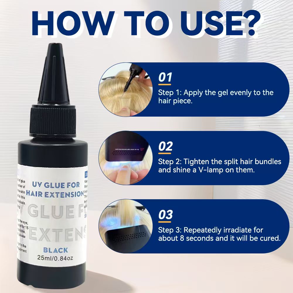Salon-grade UV hair extension gel, easy to remove and leaves no residue.