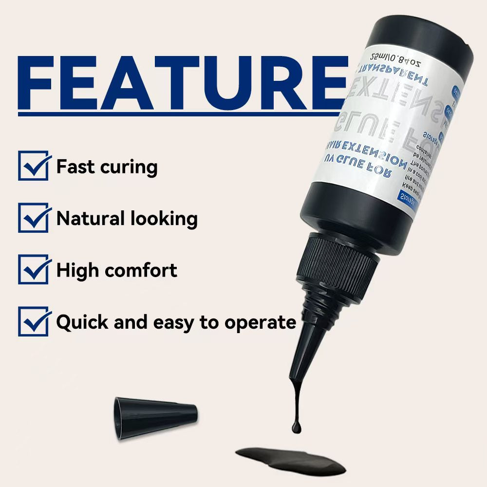 Salon-grade UV hair extension gel, easy to remove and leaves no residue.